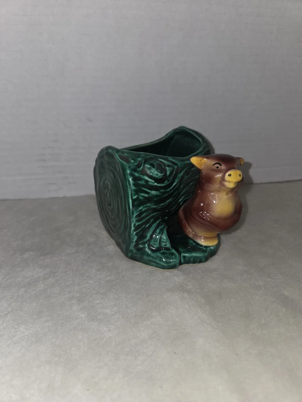 Vintage Early Pig Figurine Planter Pottery Ceramic Green Tan Flowers Succulents